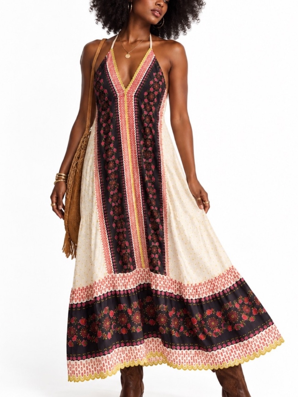 FREE PEOPLE CUBANA BORDER PRINT HALTER MAXI DRESS SIZES XS-M NWT